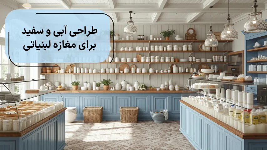 طراحی آبی و سفید برای مغازه لبنیاتی