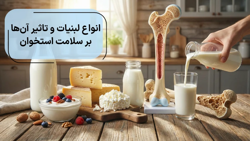 تصویری از انواع لبنیات در کنار تصویری از استخوان برای نمایش مفهوم تاثیر لبنیات بر سلامت استخوان
